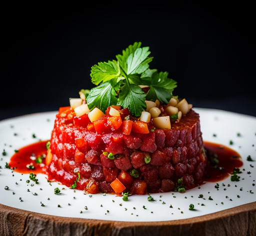 An image featuring a close-up shot of a perfectly seasoned, vibrant red steak tartare, garnished with finely chopped herbs, a drizzle of olive oil, and a sprinkle of sea salt, highlighting its freshness and deliciousness